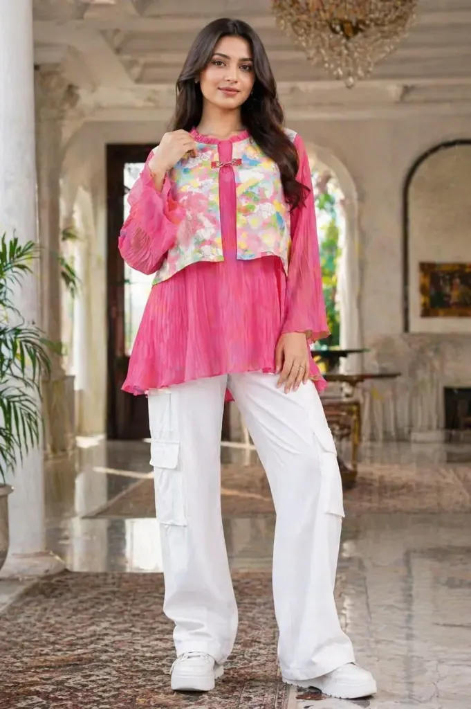 Women Western Floral Print Top & Pants Set Pink White.webp
