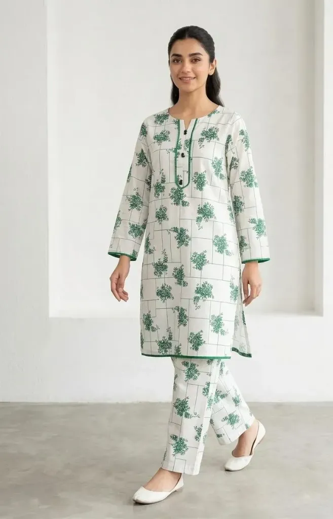 White Printed Arabic Lawn 2Pcs Kurta Set.webp