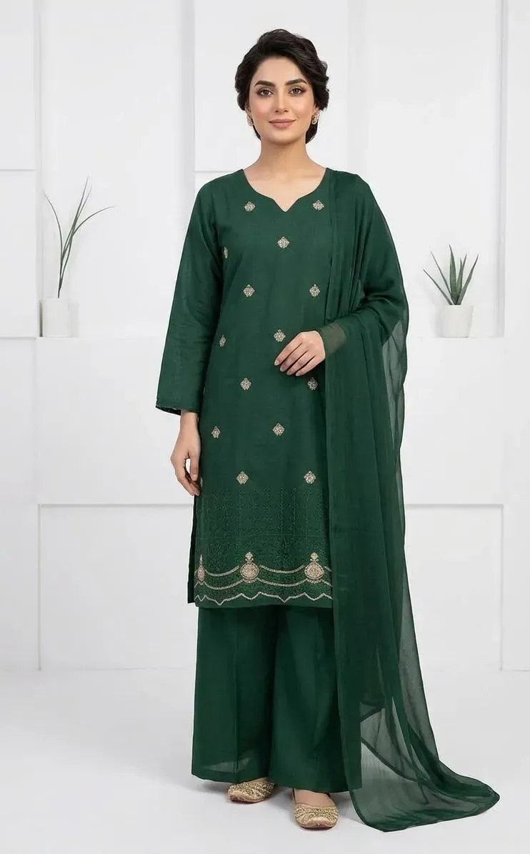 Green Embroidered 3-Piece Cotton Lawn Suit for Women