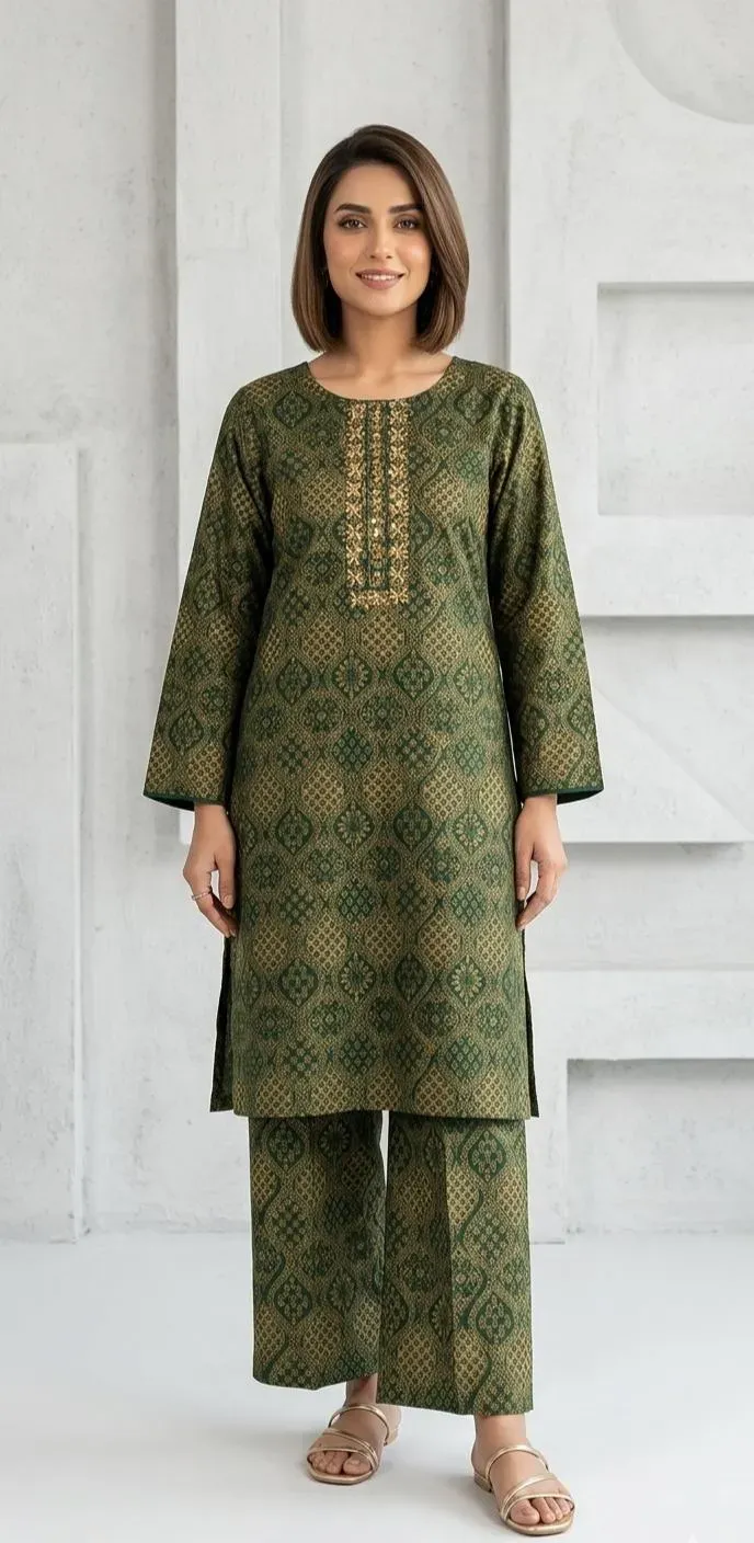 Turquoise Block Printed Arabic Lawn Kurta Set for Women