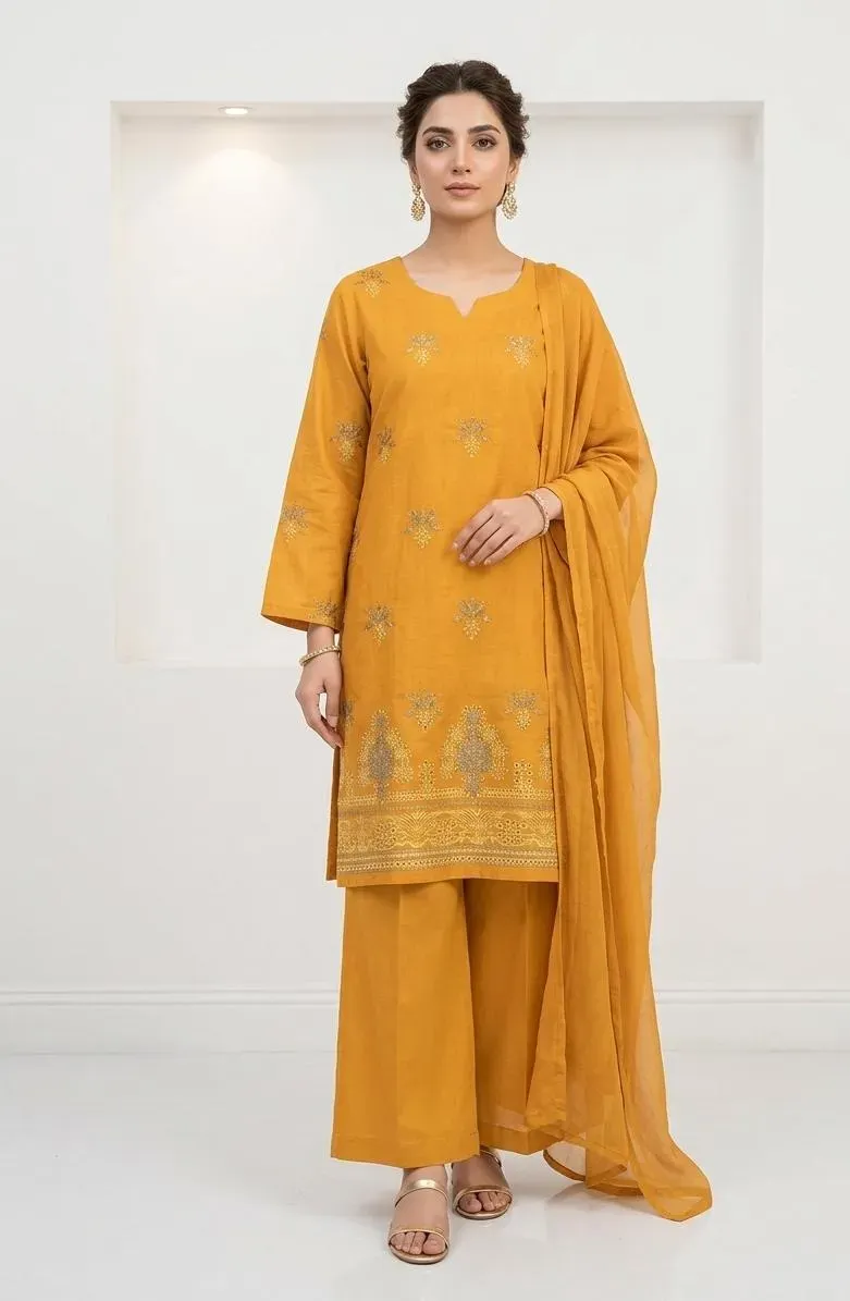 Golden Embroidered 3-Piece Cotton Lawn Suit for Women