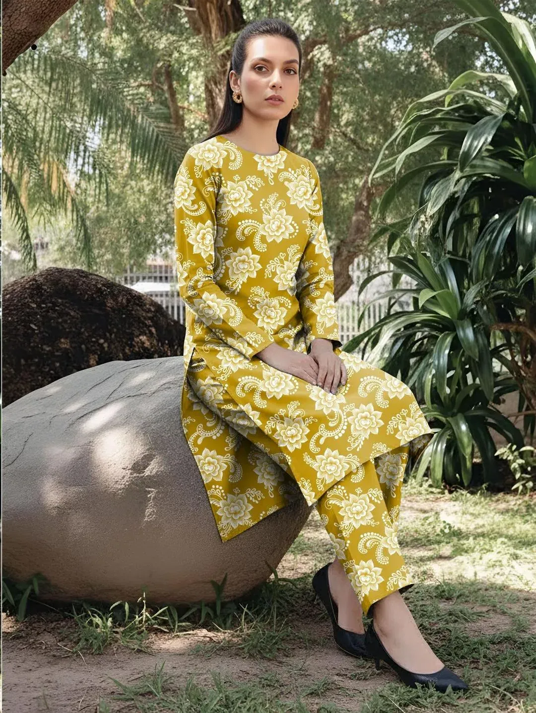 Yellow Printed Dobby Lawn 3Pcs Kurta Set