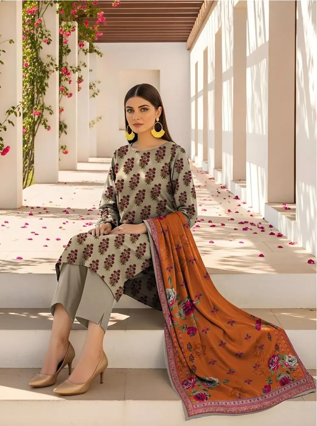 Off White Printed Lawn 3Pcs Set for Women