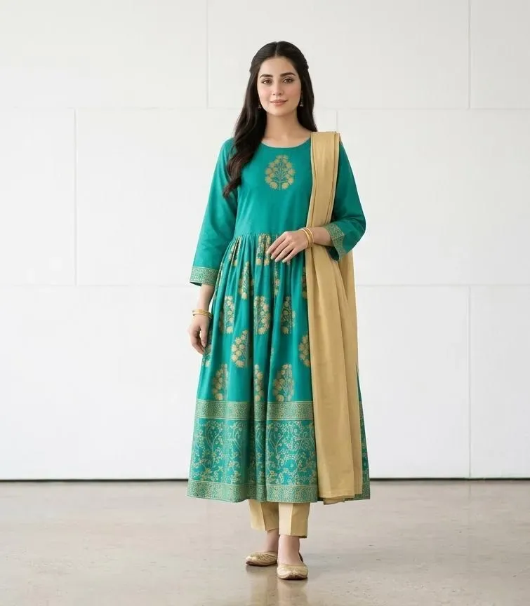 Turquoise Block Printed Arabic Lawn 3Pcs Maxi Set