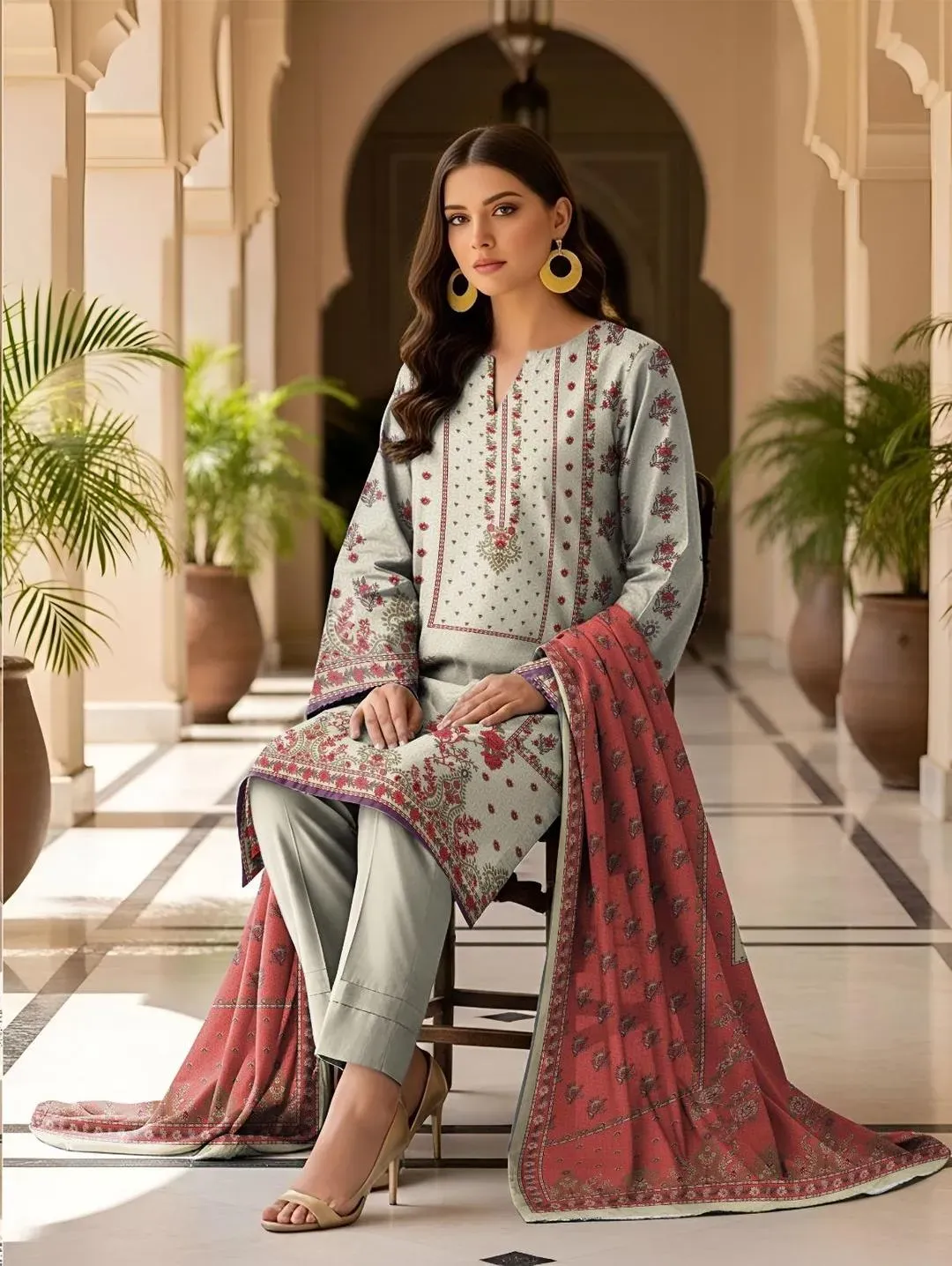 Grey Printed Dobby Lawn 3Pcs Suit Set