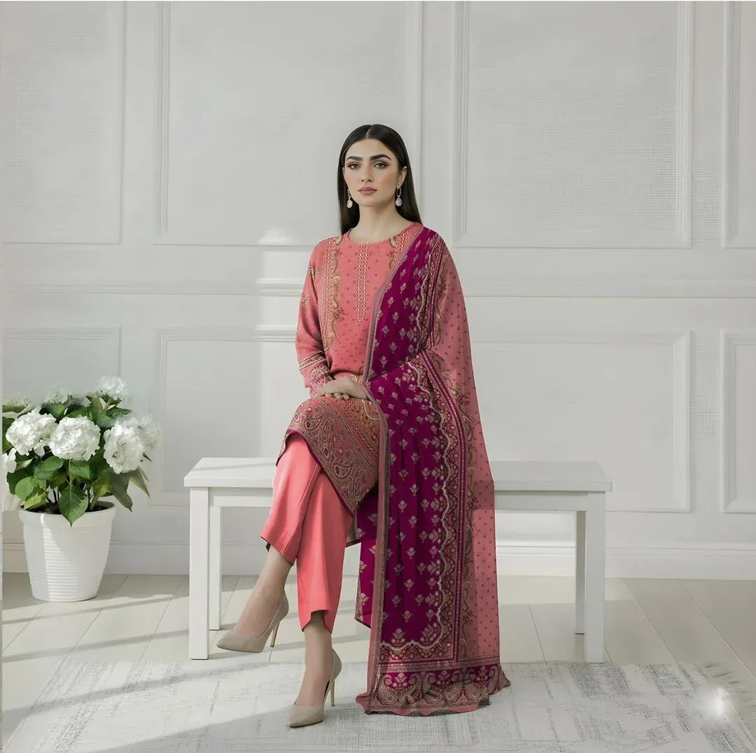 Pink Printed 3-Piece Dobby Lawn Suit Set