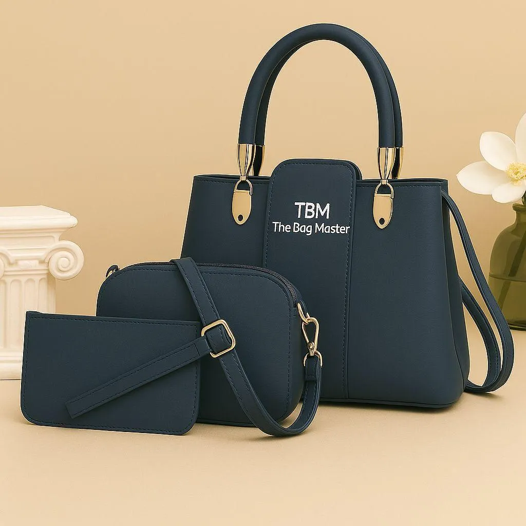 3-Piece Rexine Handbag Set for Women (Blue)