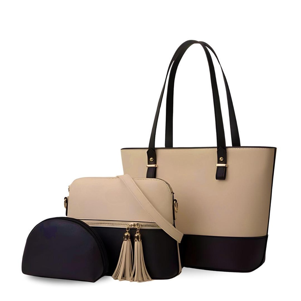 Beige Black 3-Piece PU Leather Tote Set