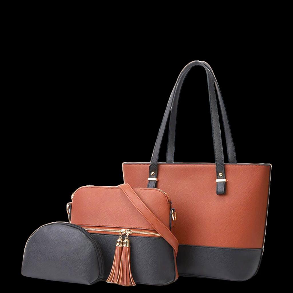 3-Piece Leather Tote Set Brown Black Tassel Handle