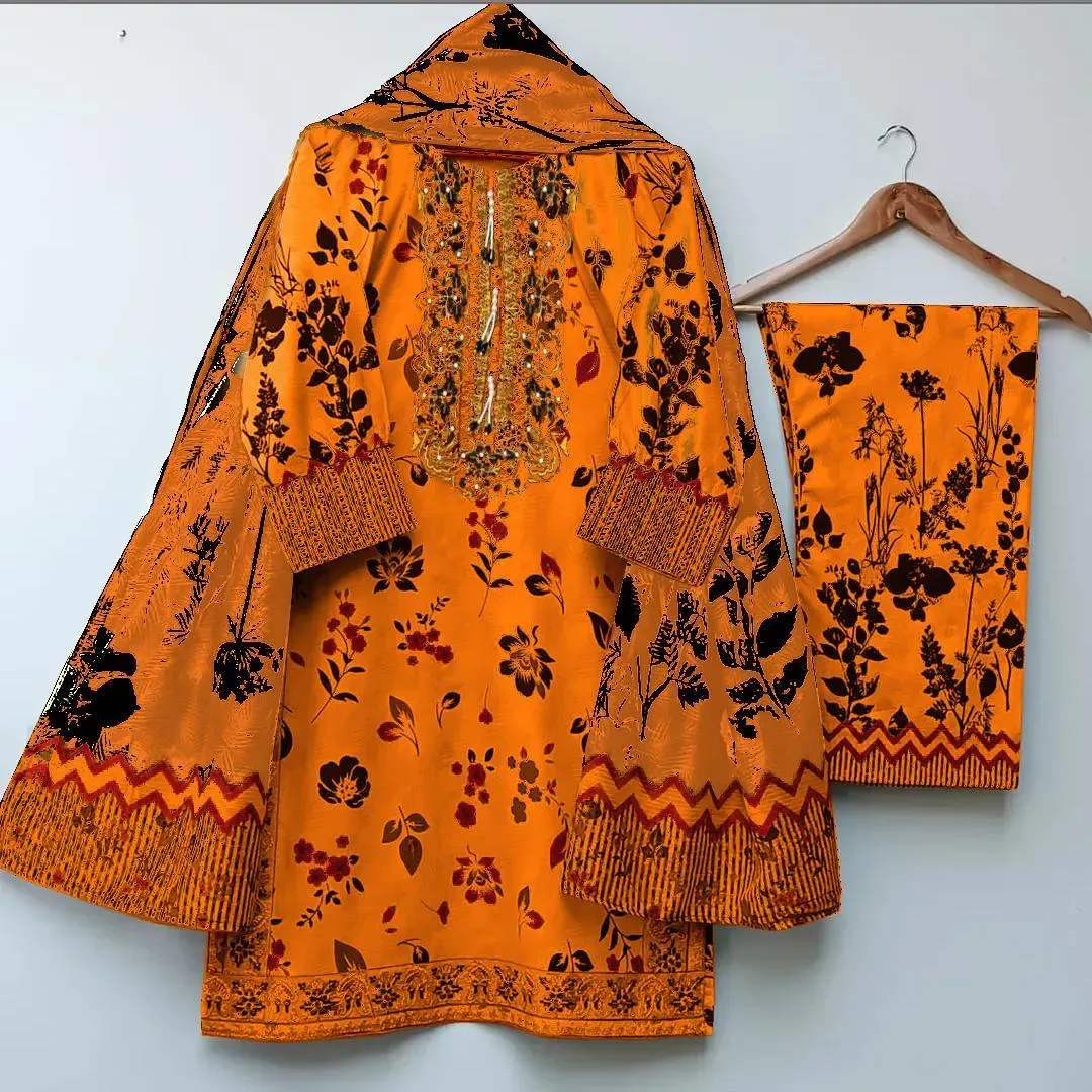 Orange Printed 3Pcs Women Lawn Suit with Embroidery