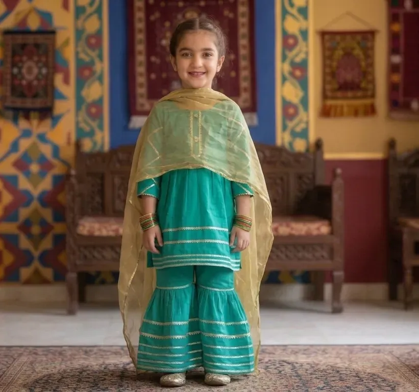 Girls Green Embroidered Lawn 3Pcs Set 5-12Yrs