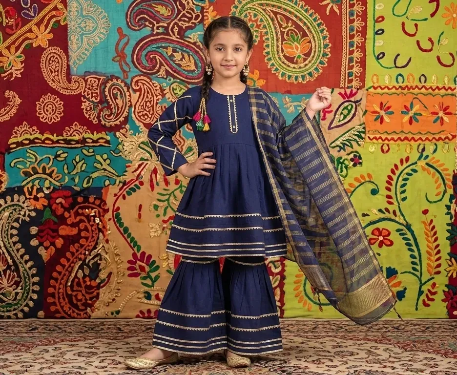 Girls Embroidered Arabic Lawn Kurta Set Multicolor 5-12Y