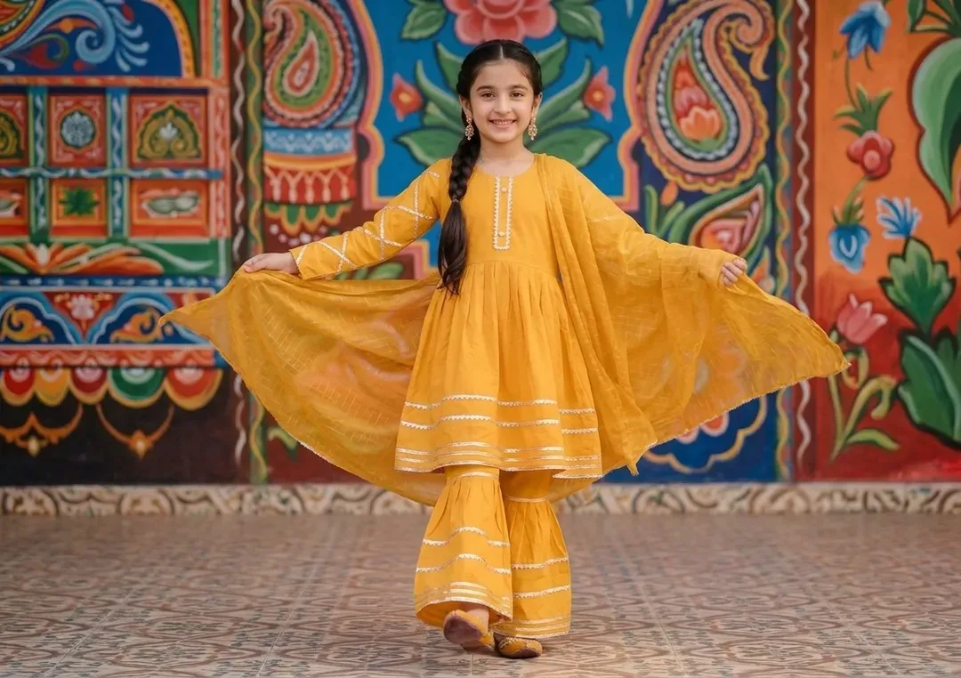 Yellow Embroidered Girl's 3-Piece Lawn Kurta Set