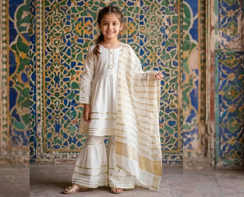 Girls White Embroidered Lawn Kurta Set 3 Pcs