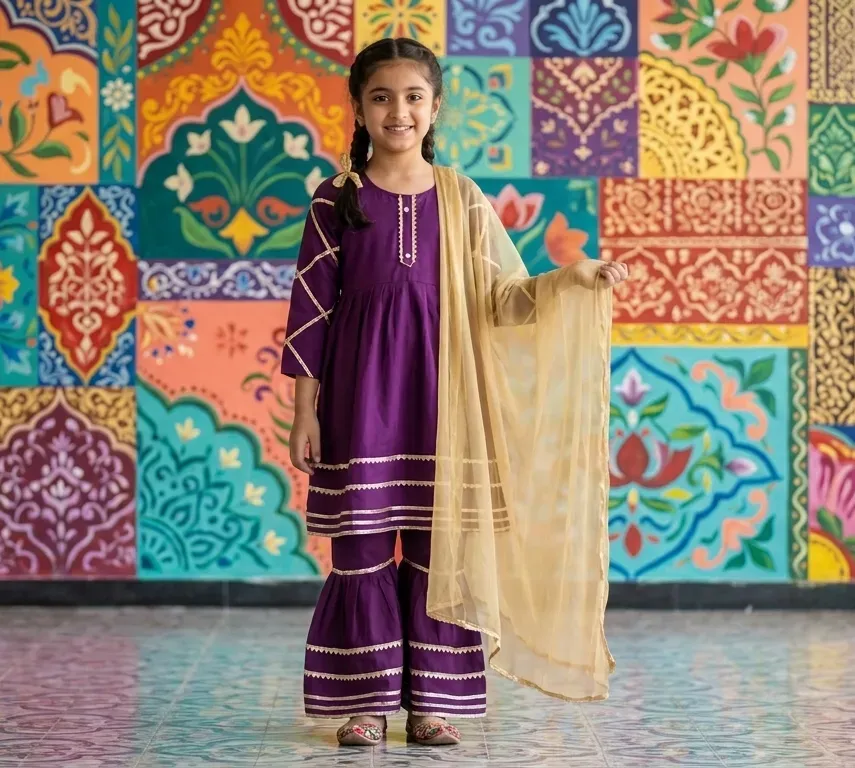 Girls Magenta Embroidered Lawn Kurta Set 3 Pcs