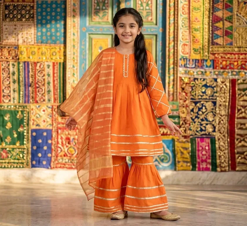 Orange Embroidered Girl's 3-Piece Lawn Kurta Set