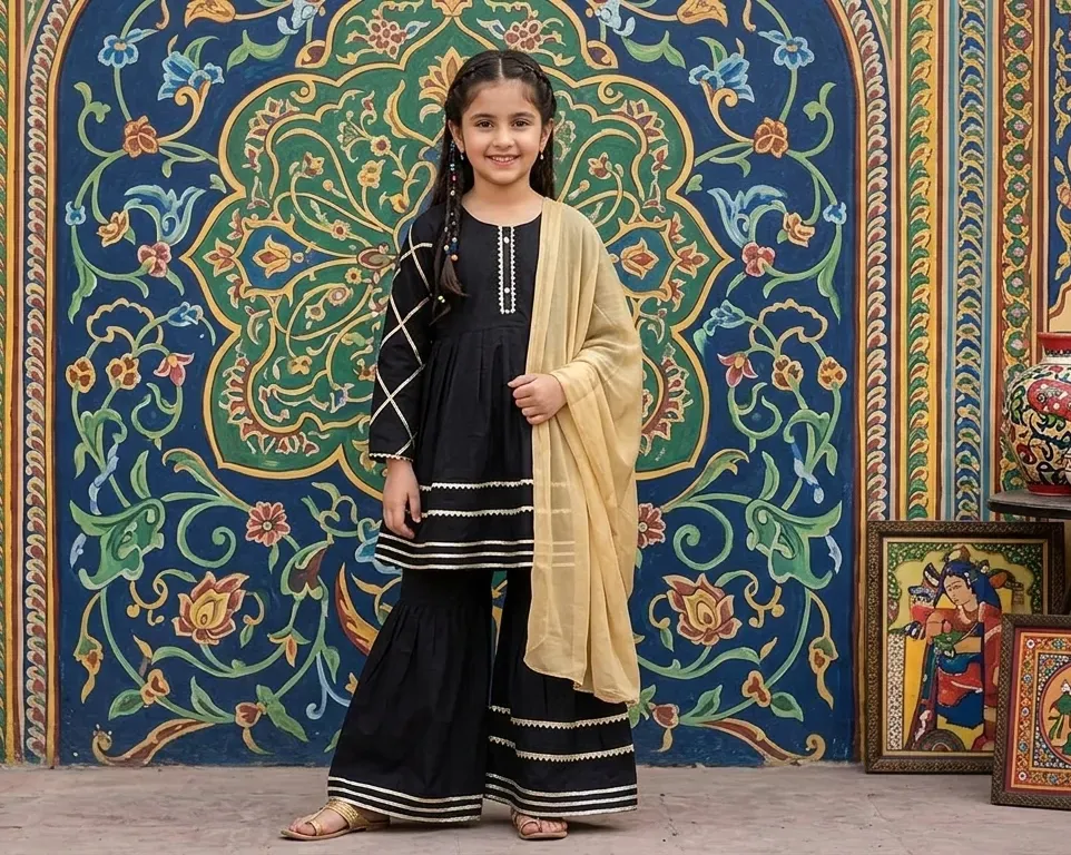 Girls Black Embroidered Lawn Kurta Set 3 Pcs