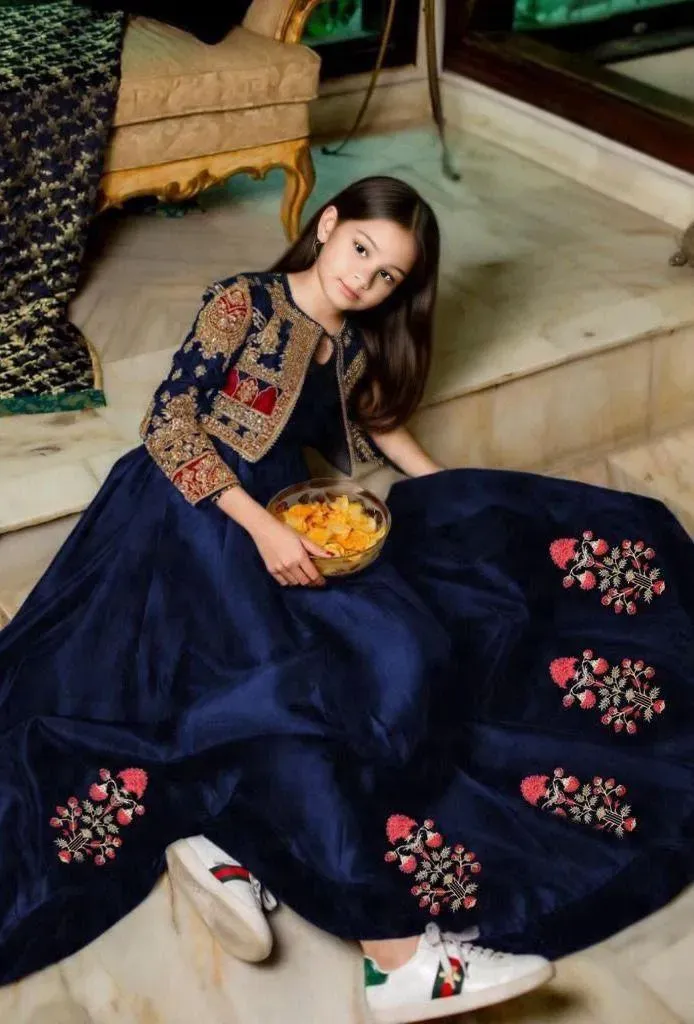 Kids Embroidered Bunch Maxi Set Navy Blue 2Pcs