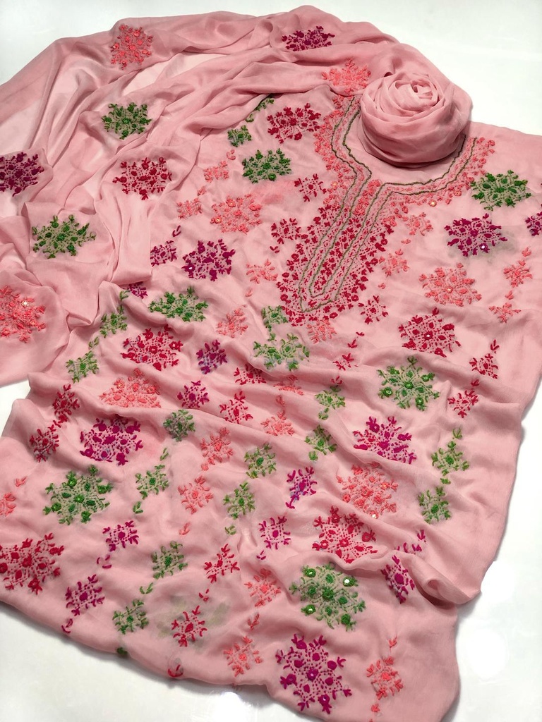 Pink Chiffon Embroidered 2-Piece Suit for Women