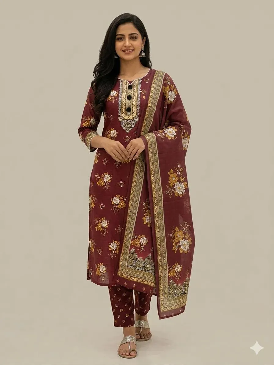 Maroon Swiss Lawn 3Pcs Printed Lawn Suit