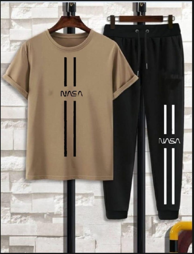 Men NASA Printed Track Suit Beige 2Pcs