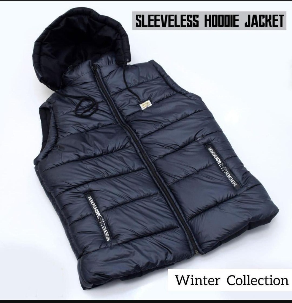 Men Black Sleeveless Hooded Jacket Winter Parachute Fabric