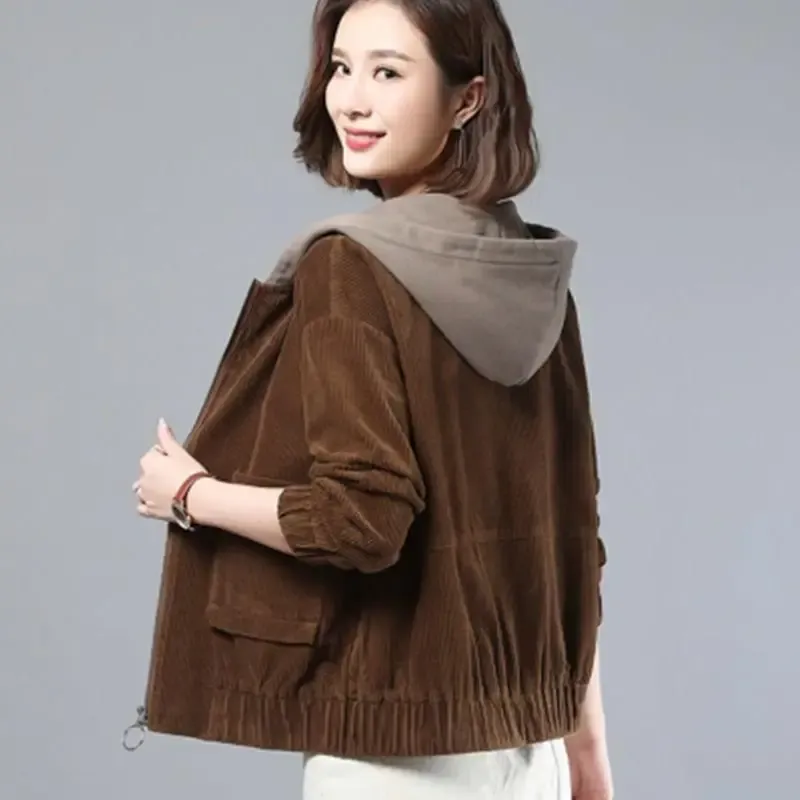 Women Korean Style Loose Fit Brown Hoodie Jacket