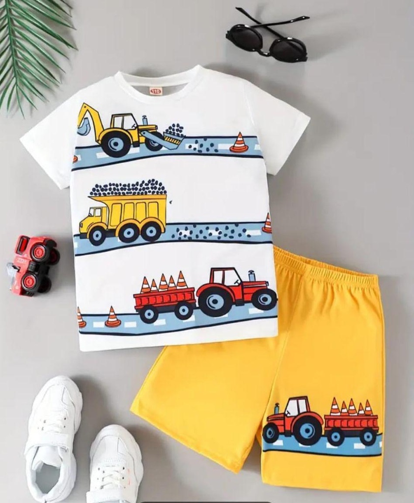 Kids Cotton Truck Print Shirt & Shorts Set White Yellow
