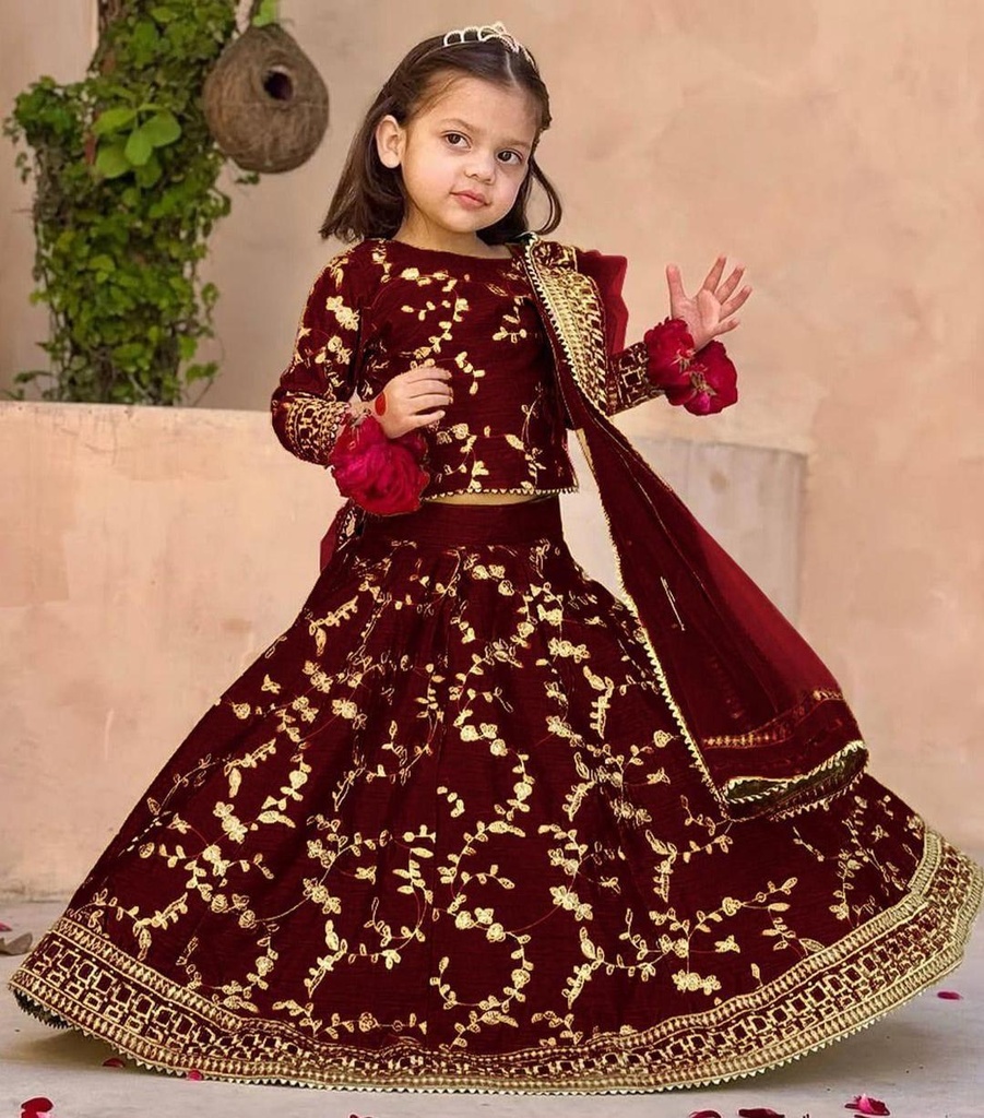 Maroon Raw Silk 3-Piece Embroidered Set for Girls 1-12
