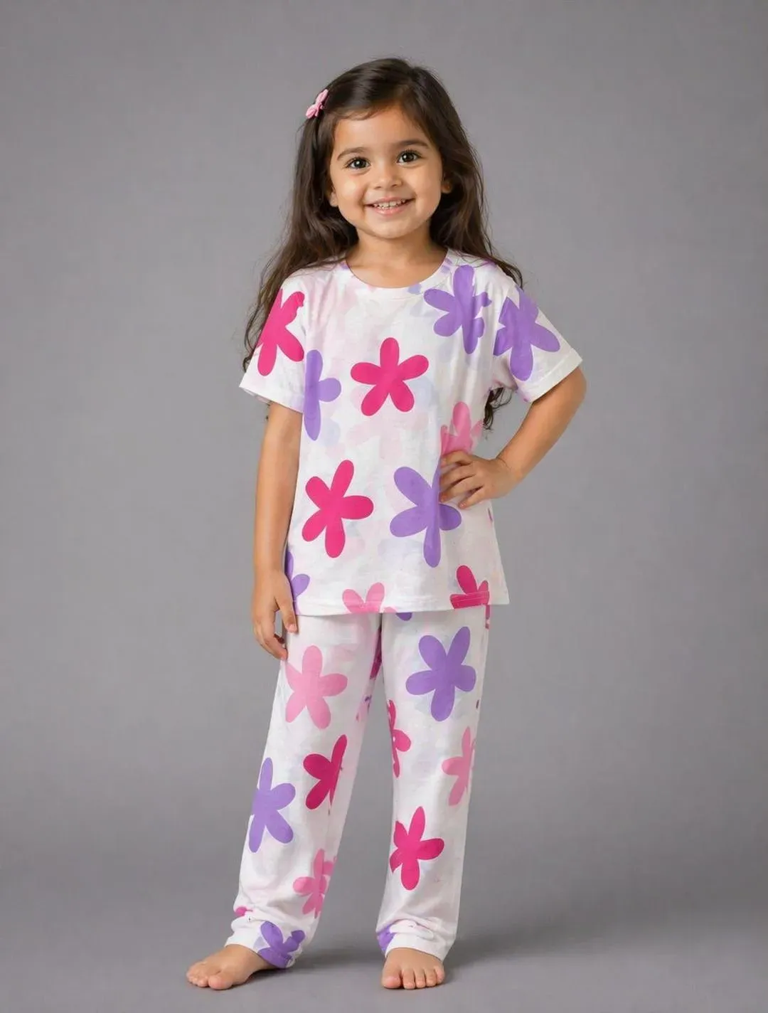 Girls Floral Pajama Set White Pink Purple