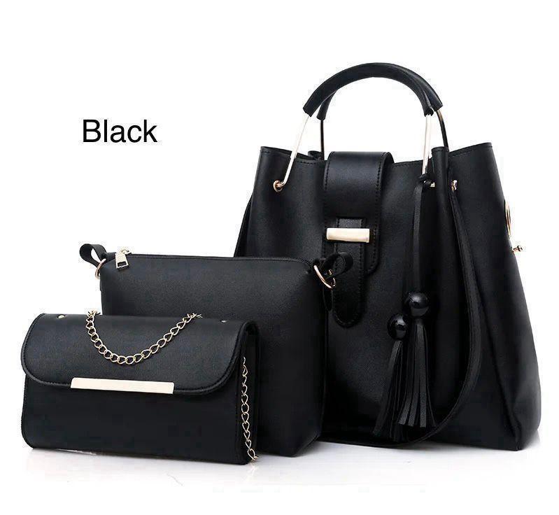 Black 3-Piece Leather Handbag Set for Women