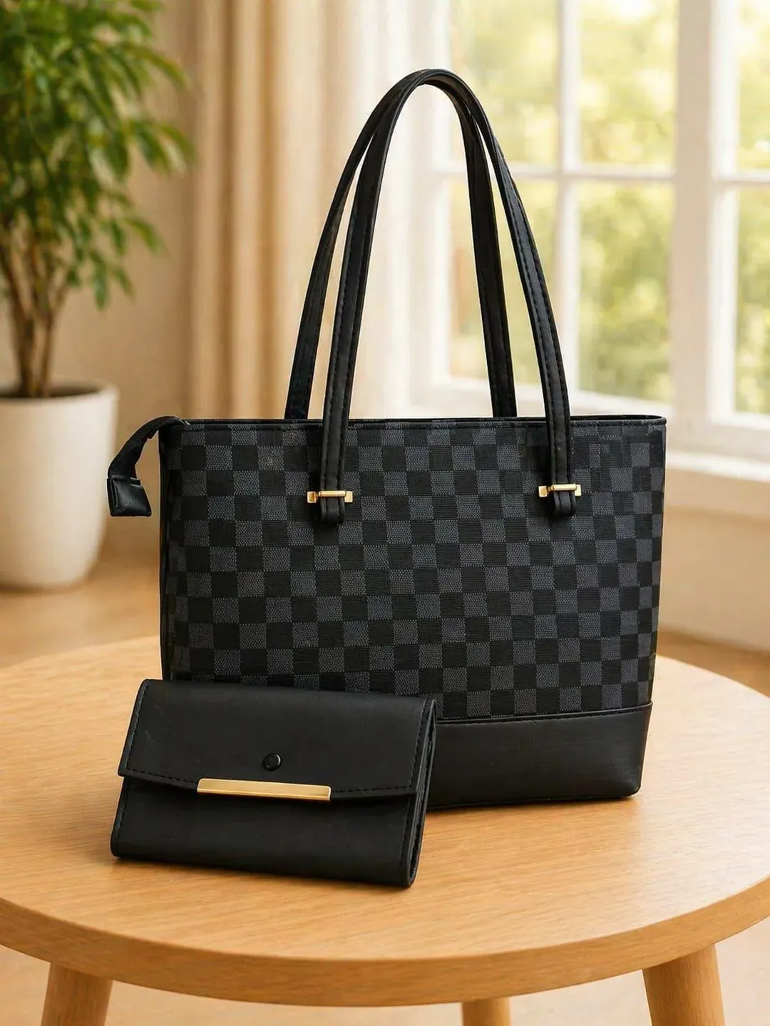 Black Checkered Leather Handbag Set for Women
