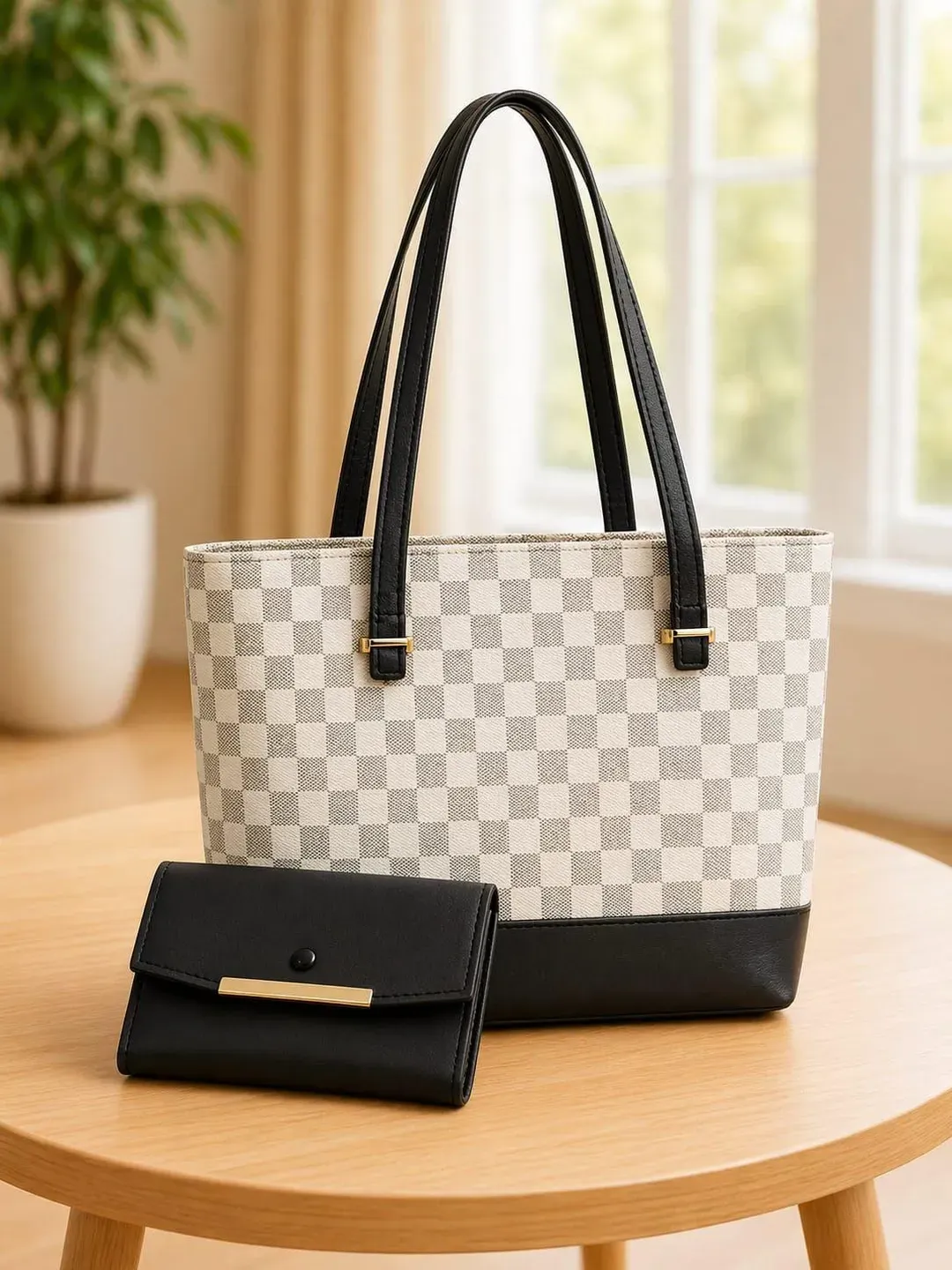 Women's Checkered Leather Handbag Set White