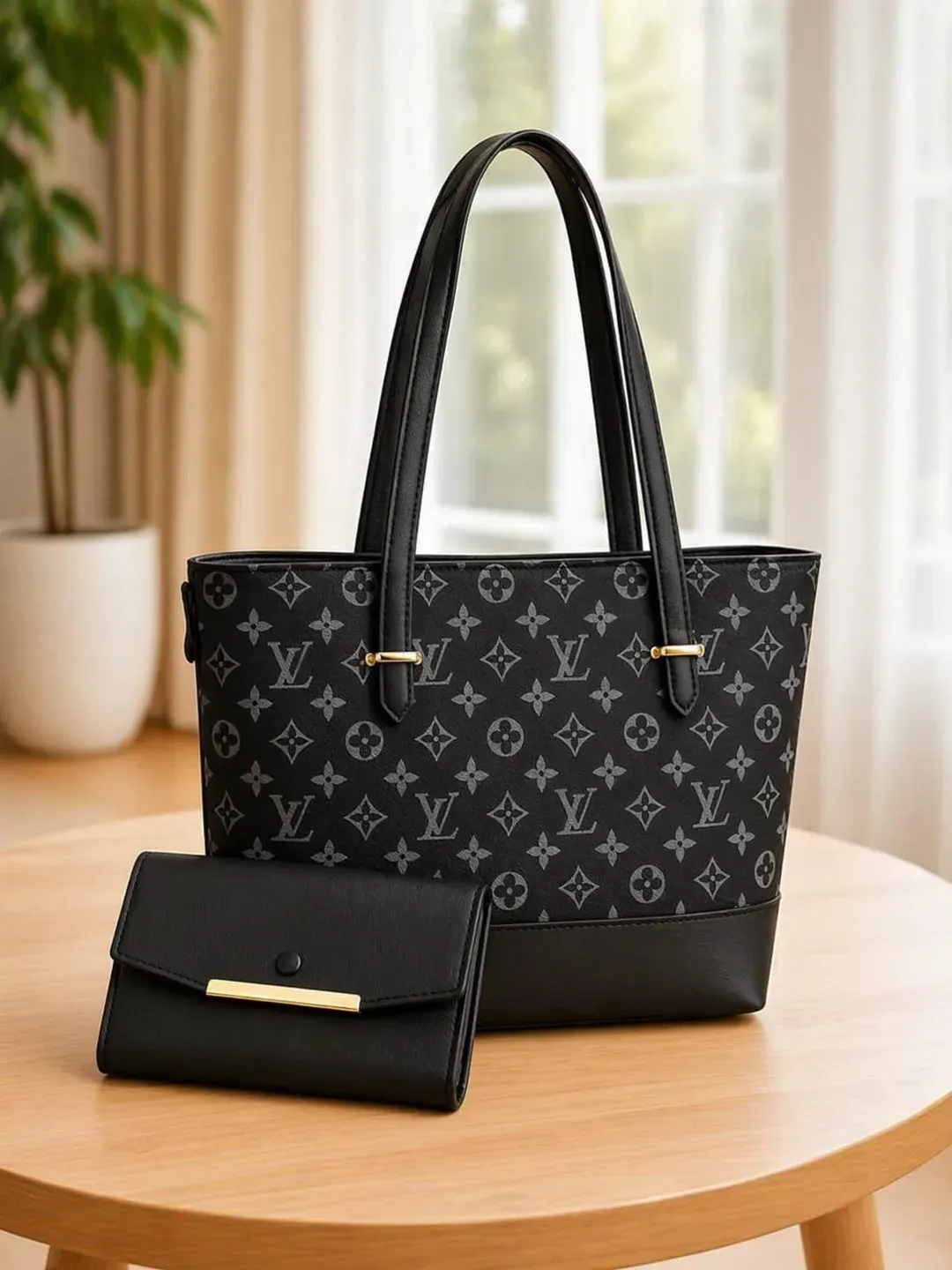 Black Leather Top Handle Women's Shoulder Bag Set