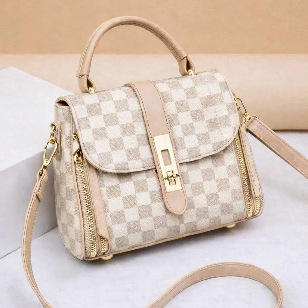 Beige Checkered Leather Shoulder Bag for Women