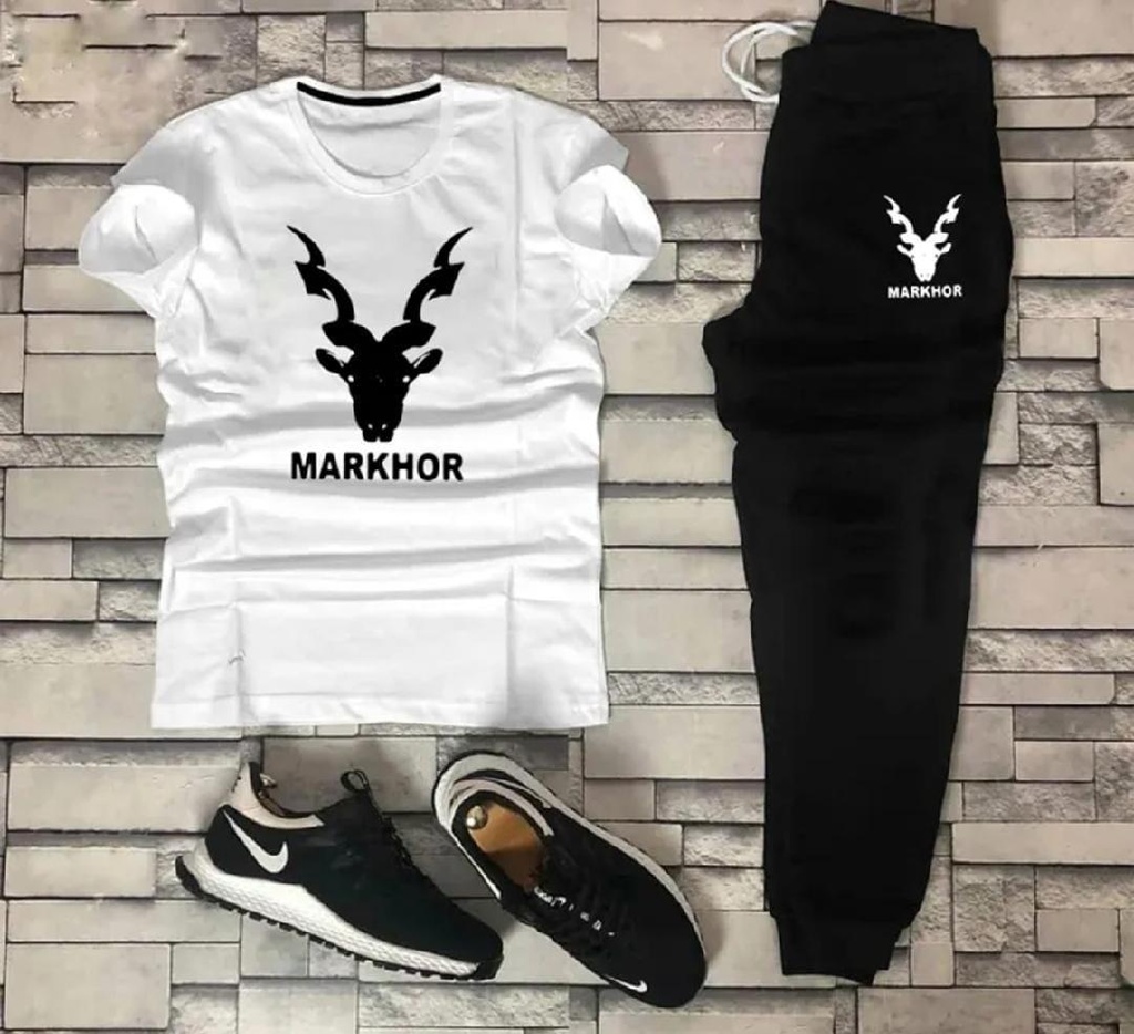 Men Cotton Markhor Graphic Track Suit Black White XL