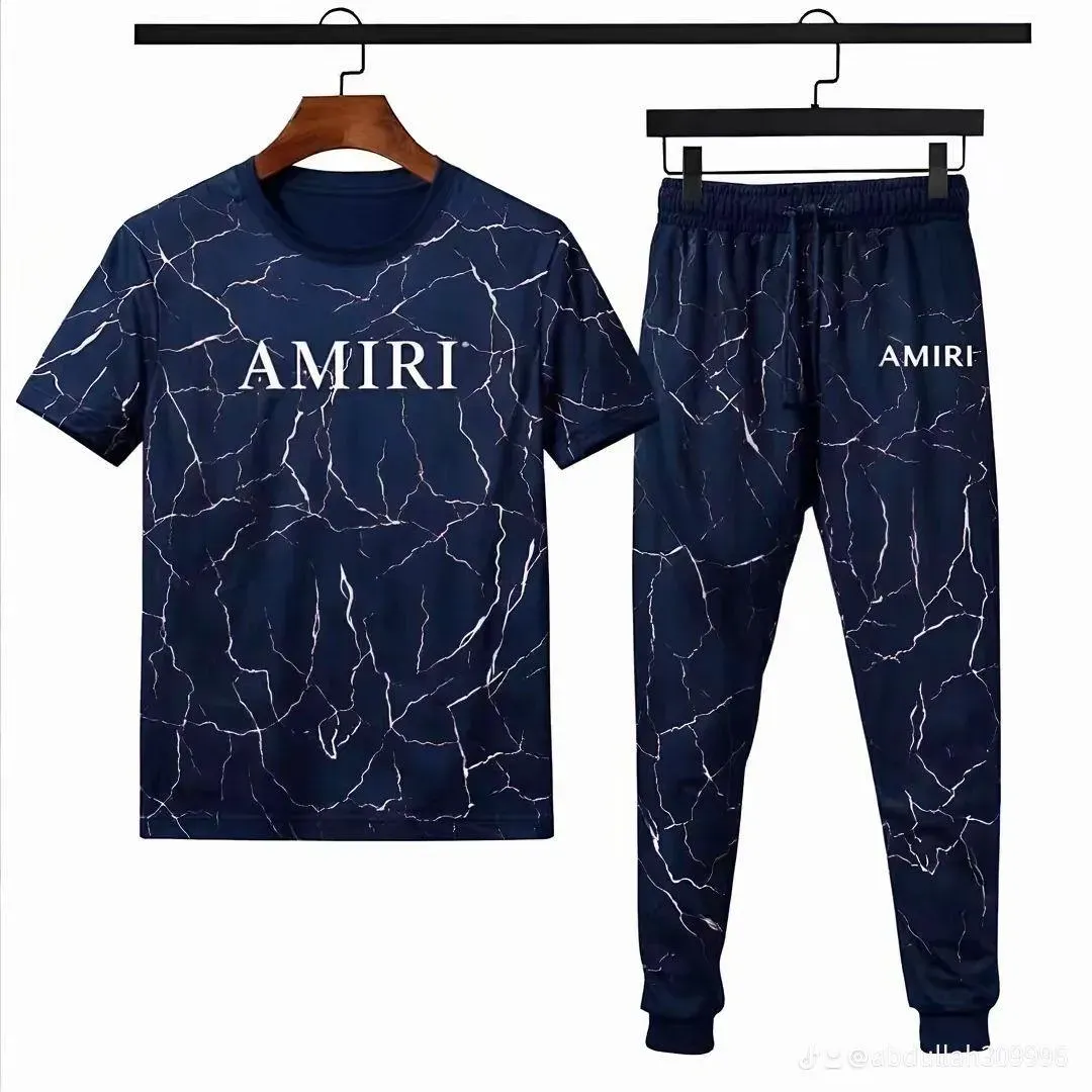 Men Blue Marble Print Track Suit Micro Interlock