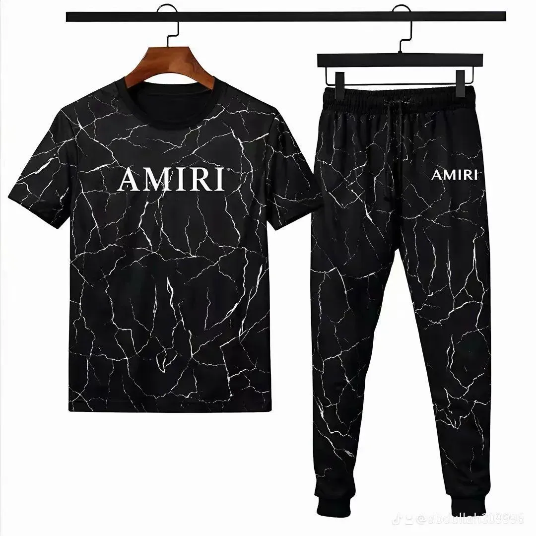 Men Black Marble Print Track Suit Micro Interlock