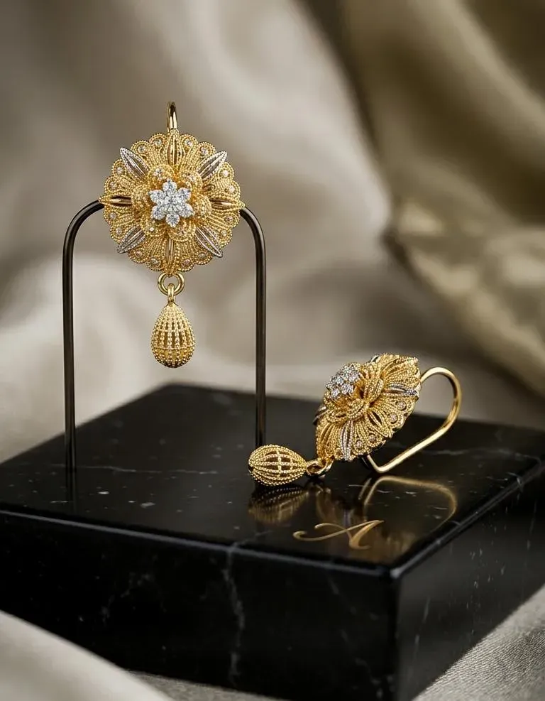 Golden Floral Earrings for Women, Gold Plated, Easy Wear