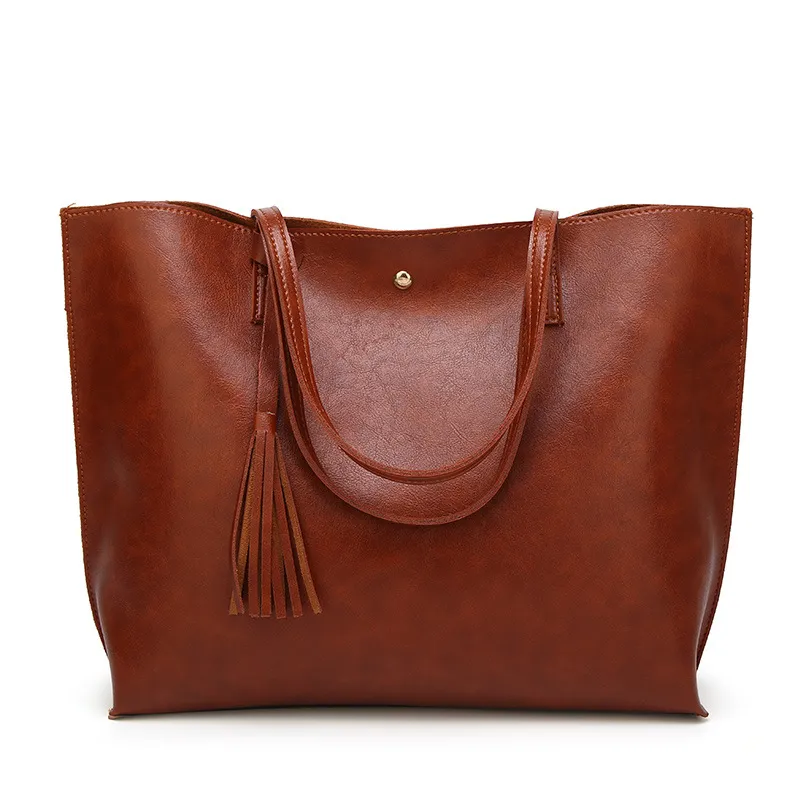 Burgundy Leather Tote Bag with Tassel for Women