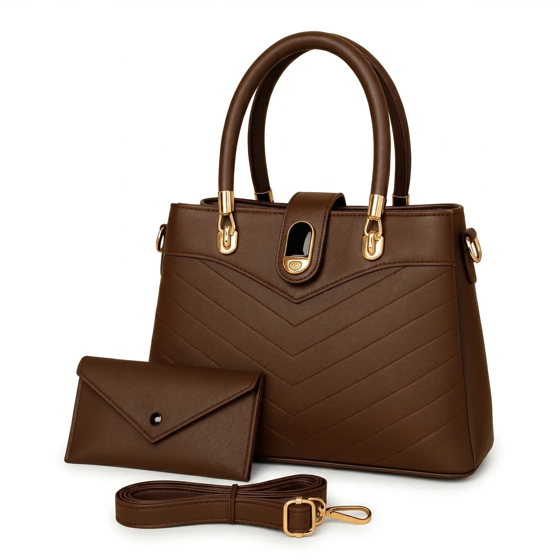 Brown Leather Handbag Set for Girls with Wallet & Strap