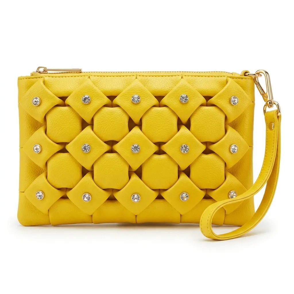 Yellow Women's Rexine Wristlet Purse with Rhinestones