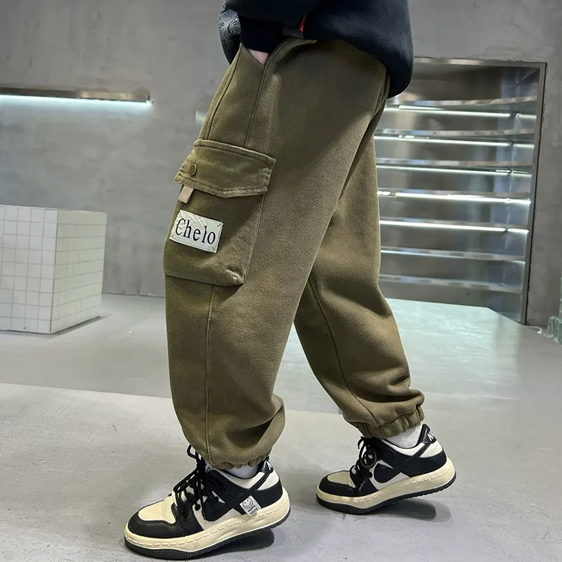 Green Cargo Pants for Kids Spring Autumn Casual Wear (S)
