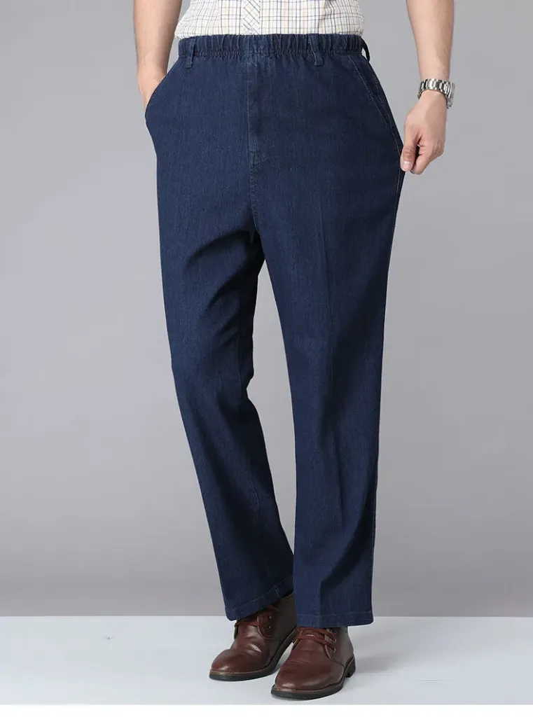 Men Elastic Waist Dark Blue Jeans Spring Autumn XL