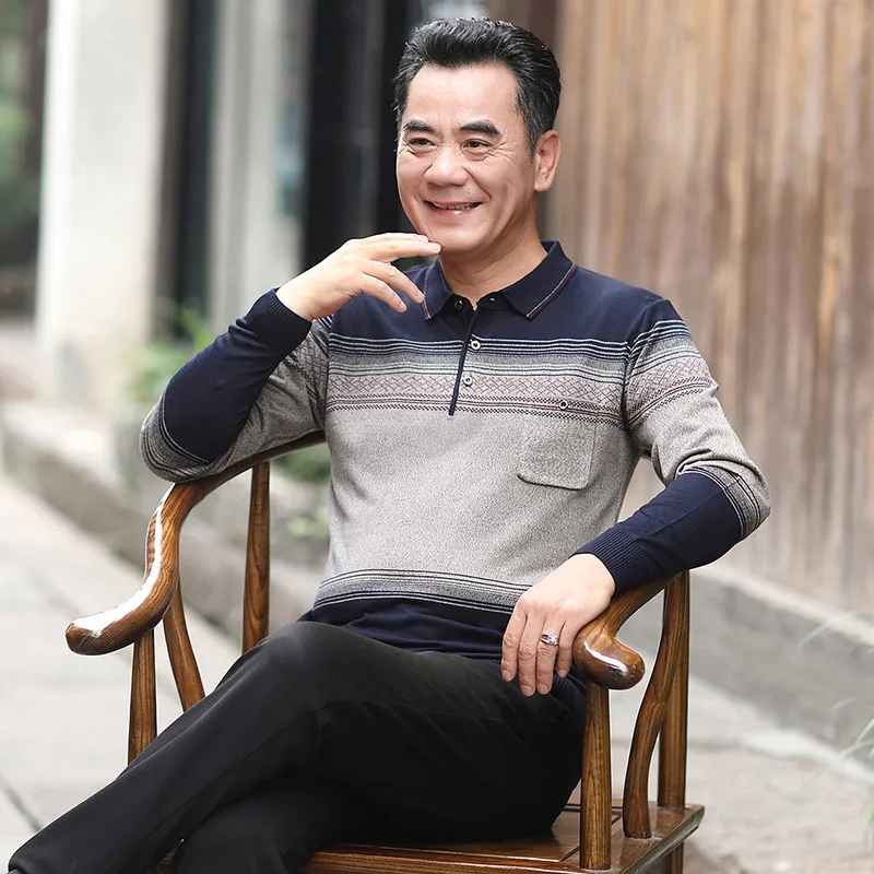 Men Long Sleeve Knitted Polo Shirt Autumn Grandpa Wear (M)