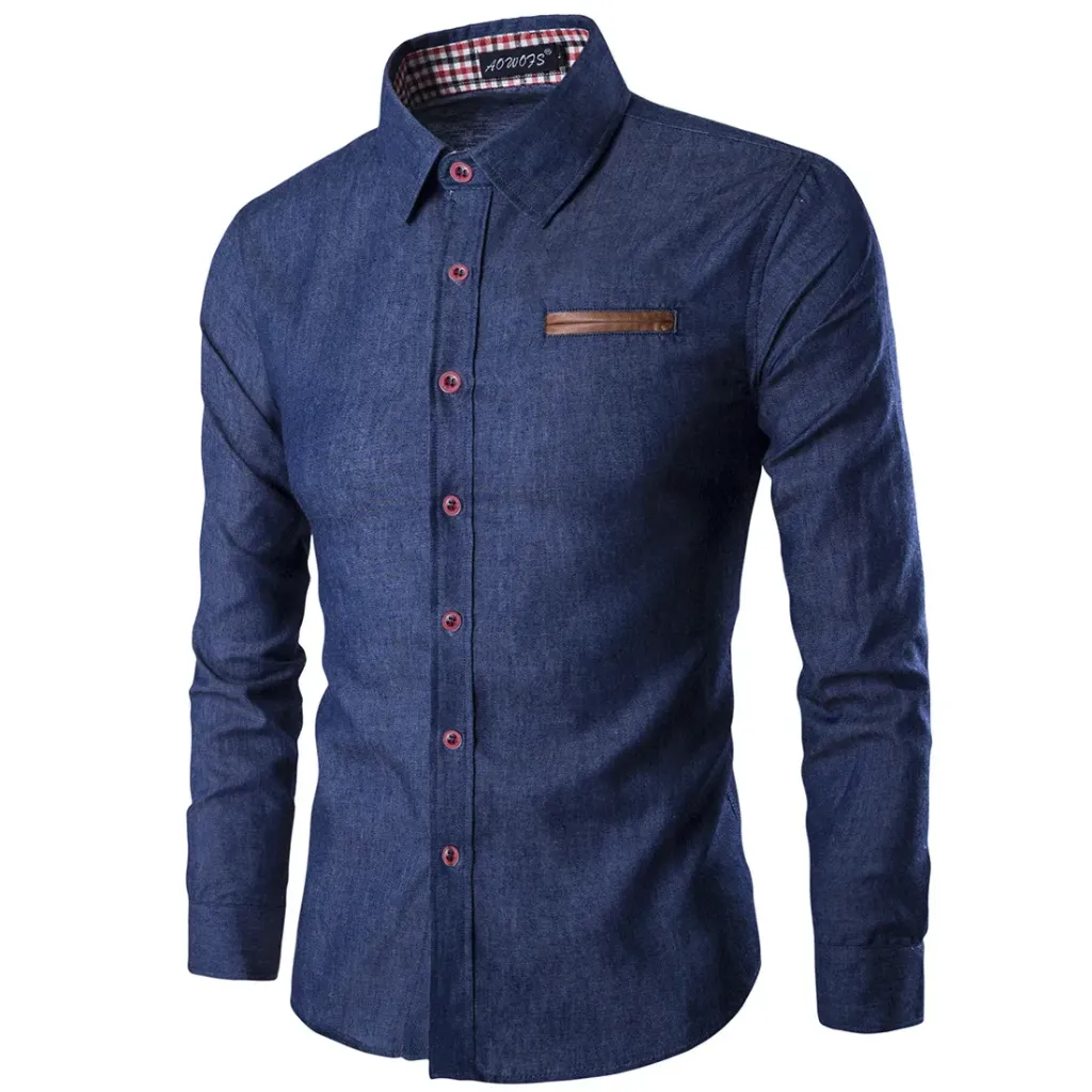 Men Denim Long Sleeve Shirt Light Blue Office Wear (M)