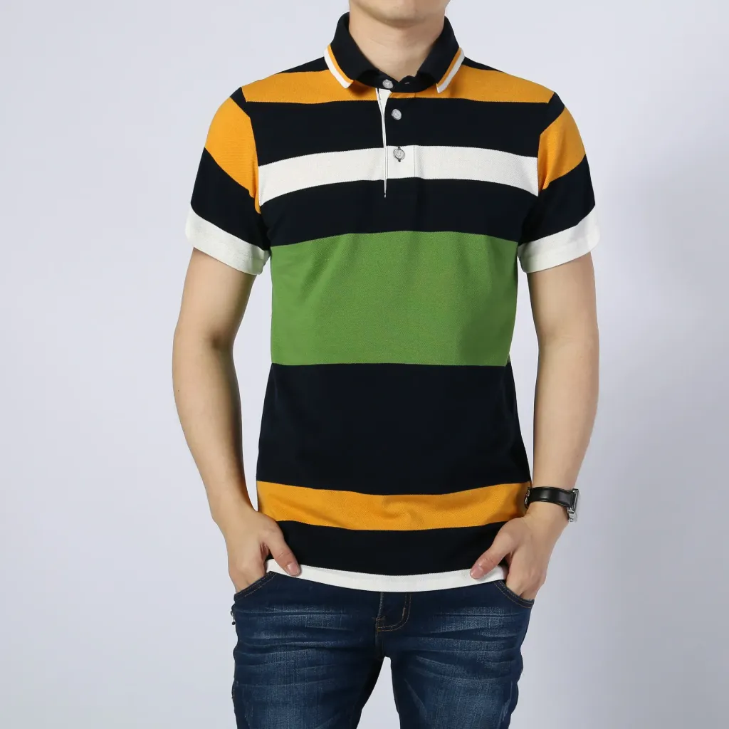 Men Striped Polo Shirt Green Navy Yellow Casual Summer (M)