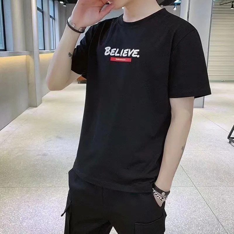 Men Slim Fit Black Graphic T-Shirt Summer (M)