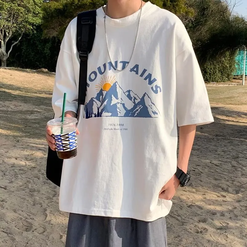 Men Loose Fit Mountain Print T-Shirt Summer White (M)