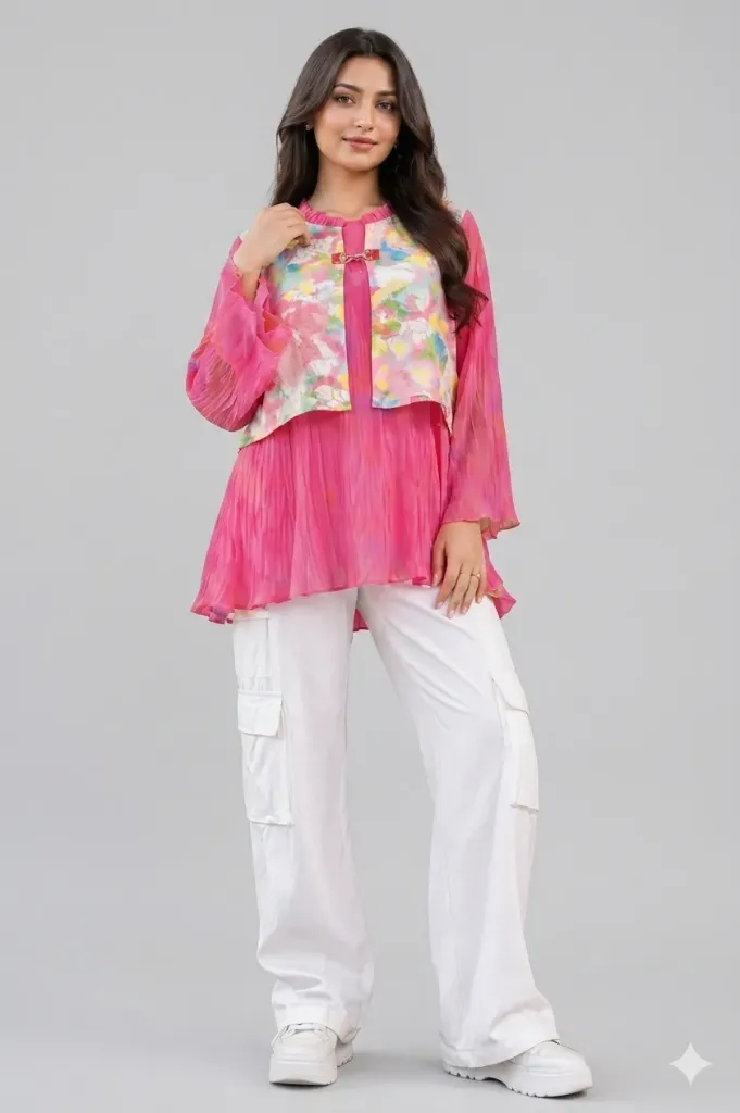 Women Western Floral Print Top & Pants Set Pink White